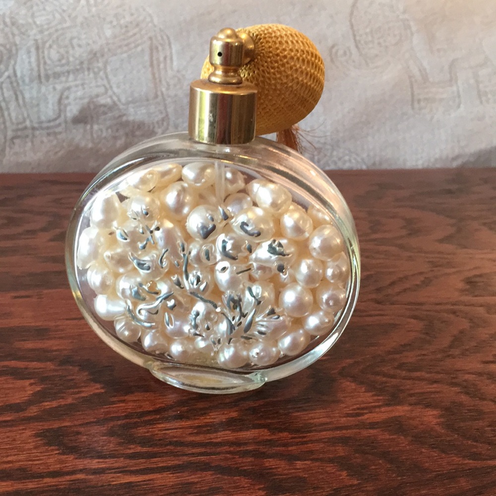 Vanity jewelry, pearl filled Avon perfume bottle